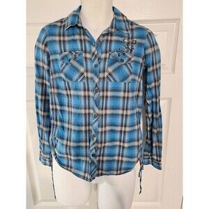 Cato Women's Small Western Shirt Blue Black Plaid Cowboy Wear Long Roll Sleeves